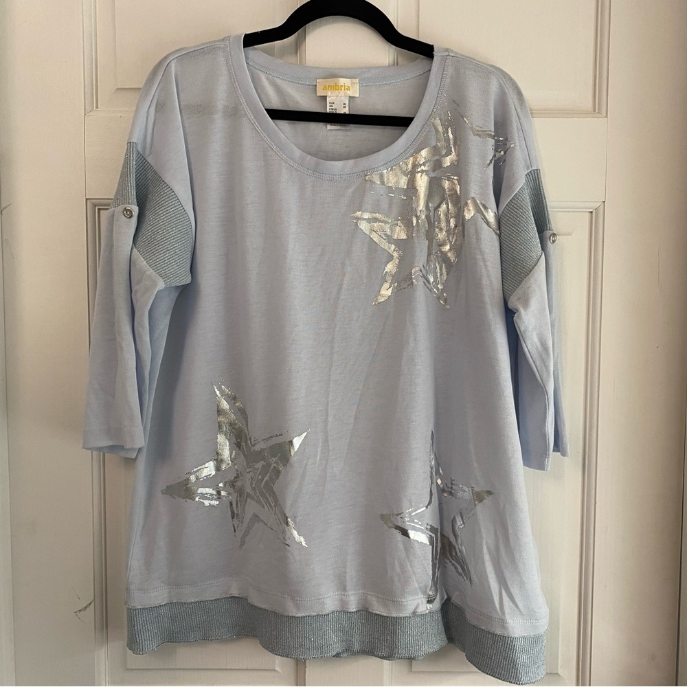 Ambria Size 14 3/4 Sleeve Blue Shirt w/ Metallic Stars & Button Sleeve Detail